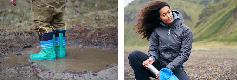 Child Jumping in Puddle in Wellies and Woman Wearing Waterproof Jacket on Walk